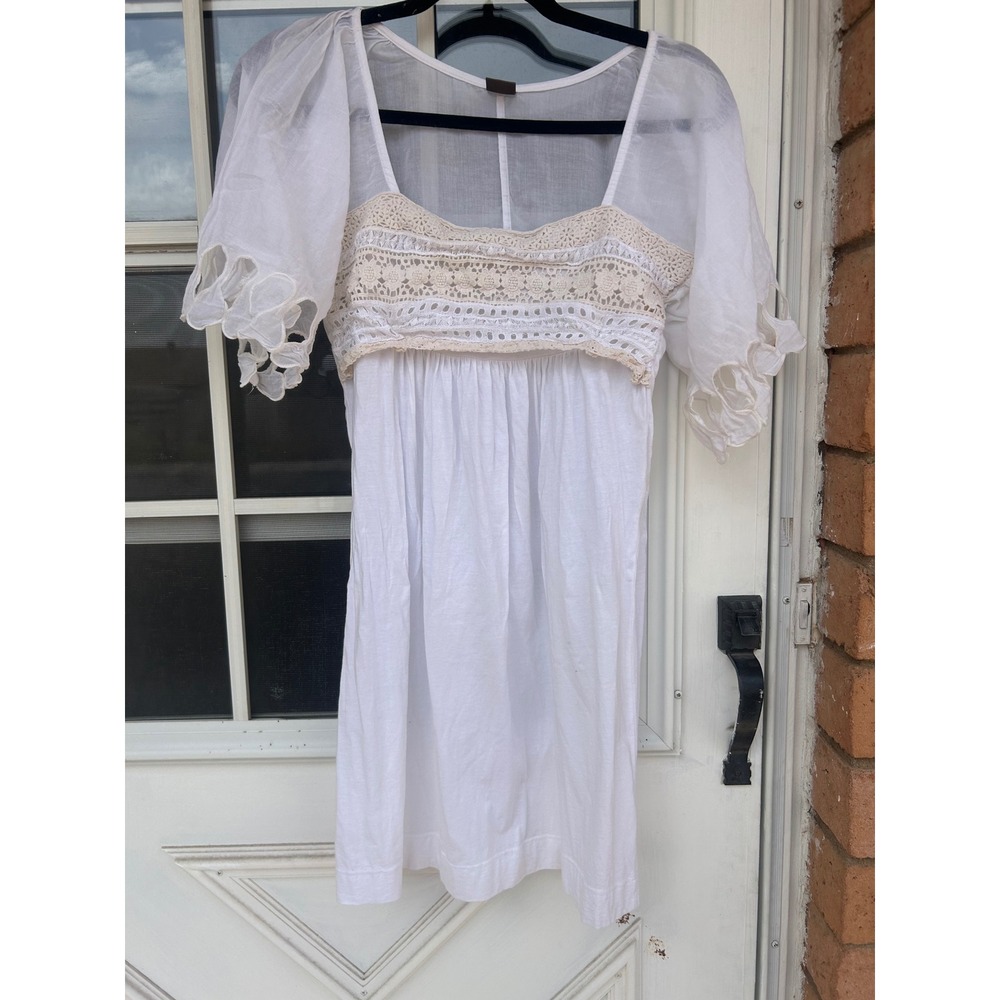 Language Los Angeles White Crochet Lace Empire Waist Boho Mini Dress  S Fairy